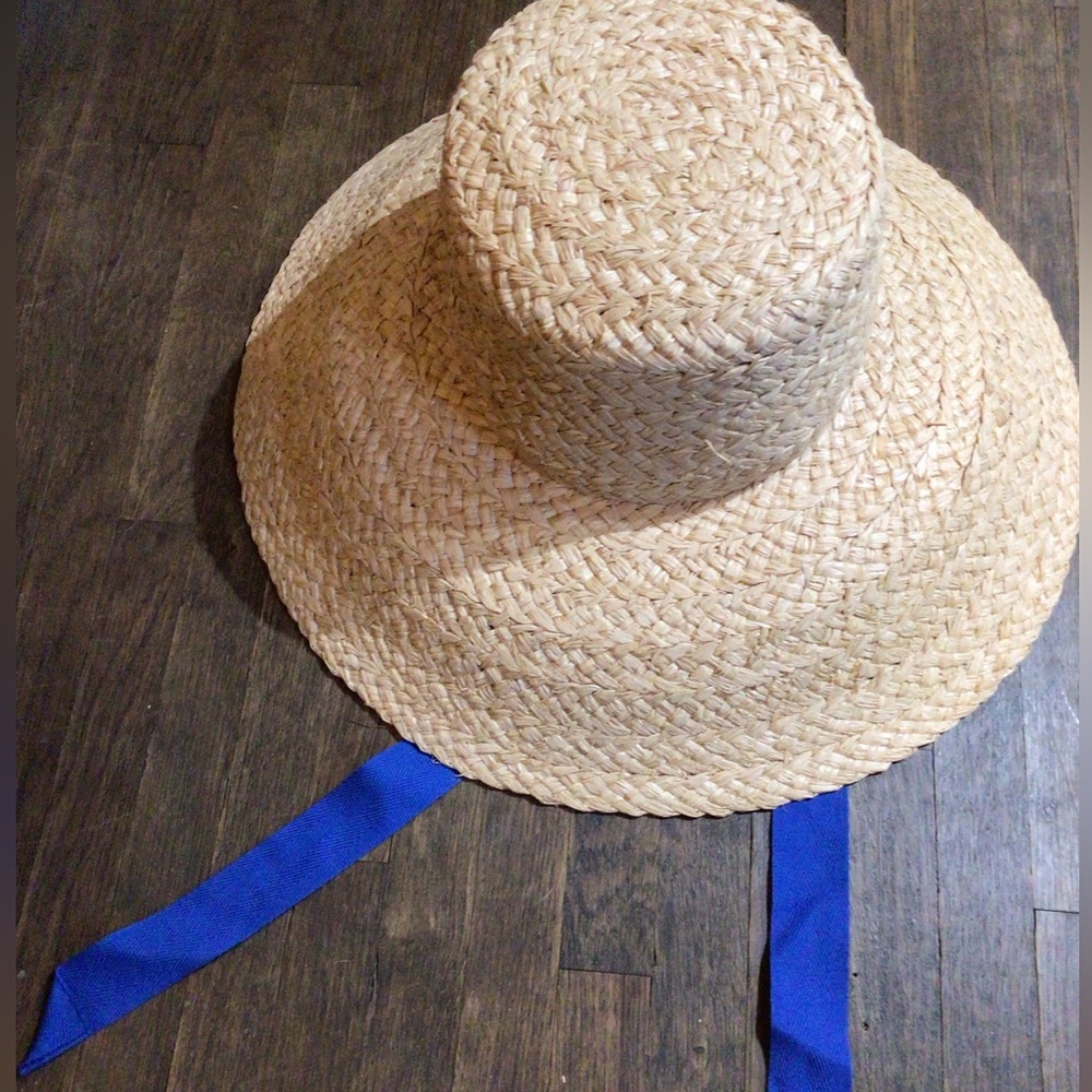 NEW! 1 left! Rare LOC Wide-Brim Straw Sun Hat with Blue Ribbon Tie - Picture 2 of 6